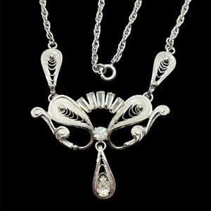 Am Lee vintage sterling silver clear rhinestone filigree rope chain necklace